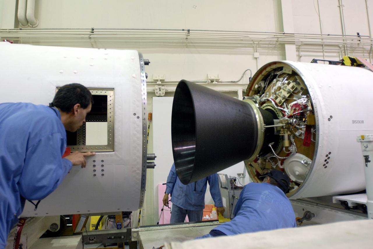 VANDENBERG AIR FORCE BASE, Calif. --In Space Launch Complex 576-E, Vandenberg Air Force Base in California, Stages 1 and 2 of the Taurus XL launch vehicle are being integrated for NASA's Orbiting Carbon Observatory, called OCO. OCO is a new Earth-orbiting mission sponsored by NASA's Earth System Science Pathfinder Program. The observatory is targeted to launch Feb. 23 from Space Launch Complex 576-E at Vandenberg. Photo credit: NASA/VAFB