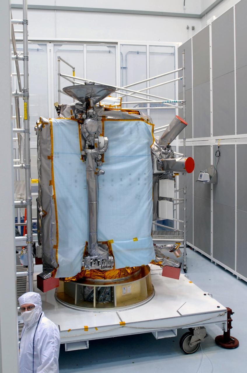 CAPE CANAVERAL, Fla. – NASA's Lunar Reconnaissance Orbiter, or LRO, is ready for final checkout and processing in the high bay at the Astrotech processing facility in Titusville, Fla. The spacecraft was built by engineers at Goddard Space Flight Center, where it recently completed two months of tests in a thermal vacuum chamber. The orbiter will carry seven instruments to provide scientists with detailed maps of the lunar surface and enhance our understanding of the moon's topography, lighting conditions, mineralogical composition and natural resources. Information gleaned from LRO will be used to select safe landing sites, determine locations for future lunar outposts and help mitigate radiation dangers to astronauts. The polar regions of the moon are the main focus of the mission because continuous access to sunlight may be possible and water ice may exist in permanently shadowed areas of the poles. Accompanying LRO on its journey to the moon will be the Lunar Crater Observation and Sensing Satellite, or LCROSS, a mission that will impact the lunar surface in its search for water ice. Launch of LRO/LCROSS is targeted for April 24. Photo credit: NASA/Jim Grossmann