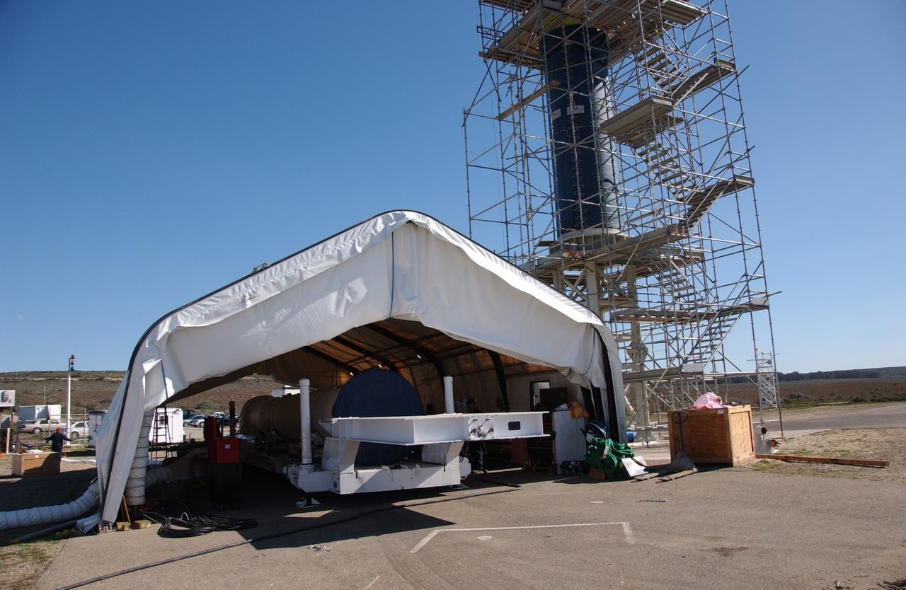 VANDENBERG AIR FORCE BASE, Calif. – Stages 1, 2 and 3 of Orbital Sciences’ Taurus XL launch vehicle for NASA’s Orbiting Carbon Observatory, or OCO, have arrived and are prepared for erection at Space Launch Complex 576-E at Vandenberg Air Force Base in California. The OCO is an Earth-orbiting mission sponsored by NASA's Earth System Science Pathfinder Program. The observatory will collect precise global measurements of carbon dioxide in the Earth's atmosphere. Scientists will analyze the data returned to better understand the natural processes and human activities that regulate the abundance and distribution of this important greenhouse gas.  Launch is targeted for 1:51:30 a.m. PST Feb. 24. Photo credit: VAFB