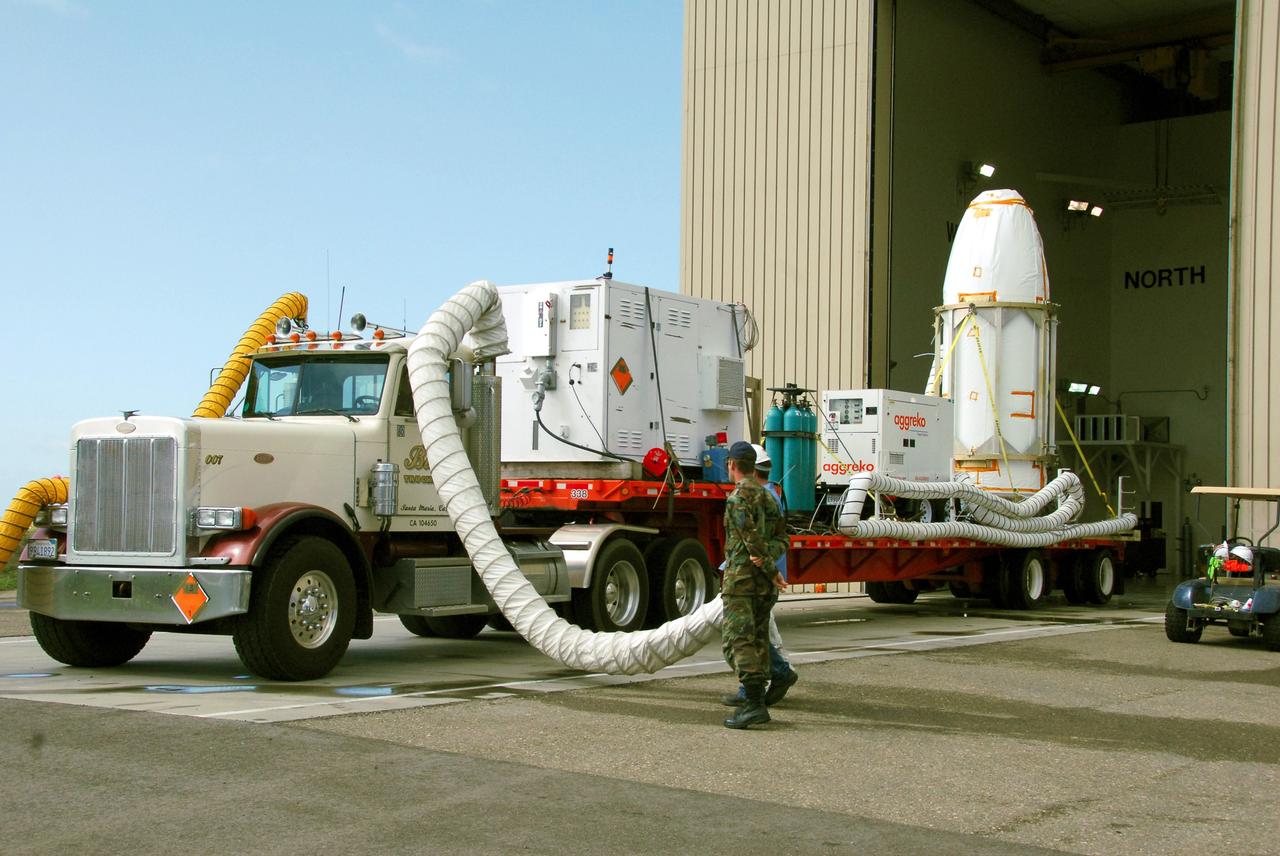 VANDENBERG AIR FORCE BASE, Calif. --  At Vandenberg Air Force Base in California, the transporter holding NASA's Orbiting Carbon Observatory, or OCO, is ready to leave the Astrotech payload processing facility for Launch Complex 576-E.  An umbilical line is attached. OCO will collect precise global measurements of carbon dioxide (CO2) in the Earth's atmosphere. Scientists will analyze OCO data to improve our understanding of the natural processes and human activities that regulate the abundance and distribution of this important greenhouse gas. OCO is scheduled to launch Feb. 24 aboard an Orbital Sciences' Taurus XL rocket.  Photo credit: NASA/VAFB