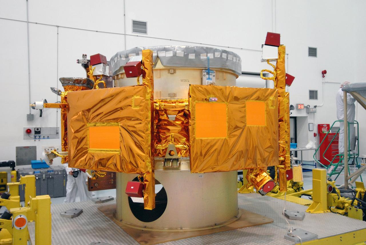 CAPE CANAVERAL, Fla. – At the Astrotech payload processing facility near NASA's Kennedy Space Center in Florida, NASA's Lunar CRater Observation and Sensing Satellite, known as LCROSS, is displayed after its shipping material has been removed. The satellite's primary mission is to search for water ice on the moon in a permanently shadowed crater near one of the lunar poles. LCROSS is a low-cost, accelerated-development, companion mission to NASA's Lunar Reconnaissance Orbiter, or LRO. At Kennedy, the two spacecraft will be integrated with an Atlas V launch vehicle and tested for final flight worthiness. LCROSS and LRO are the first missions in NASA's plan to return humans to the moon and begin establishing a lunar outpost by 2020. Launch is no earlier than April 24. Photo credit: NASA/Tim Jacobs