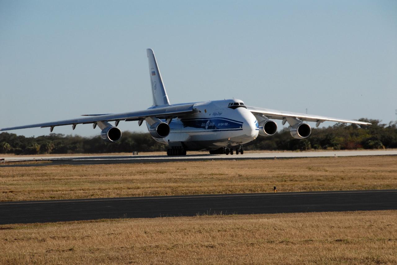 CAPE CANAVERAL, Fla. – The Russian AH-124-100 aircraft arrives at Cape Canaveral Air Force Station's skid strip in Florida carrying the Centaur stage of the Atlas V rocket that will launch NASA's Lunar Reconnaissance Orbiter, or LRO, and NASA's Lunar CRater Observation and Sensing Satellite, known as LCROSS. The two spacecraft will be integrated with the Atlas V and tested for final flight worthiness. Launch is scheduled for the spring. LCROSS and LRO are the first missions in NASA's plan to return humans to the moon and begin establishing a lunar outpost by 2020. Photo credit: NASA/Troy Cryder