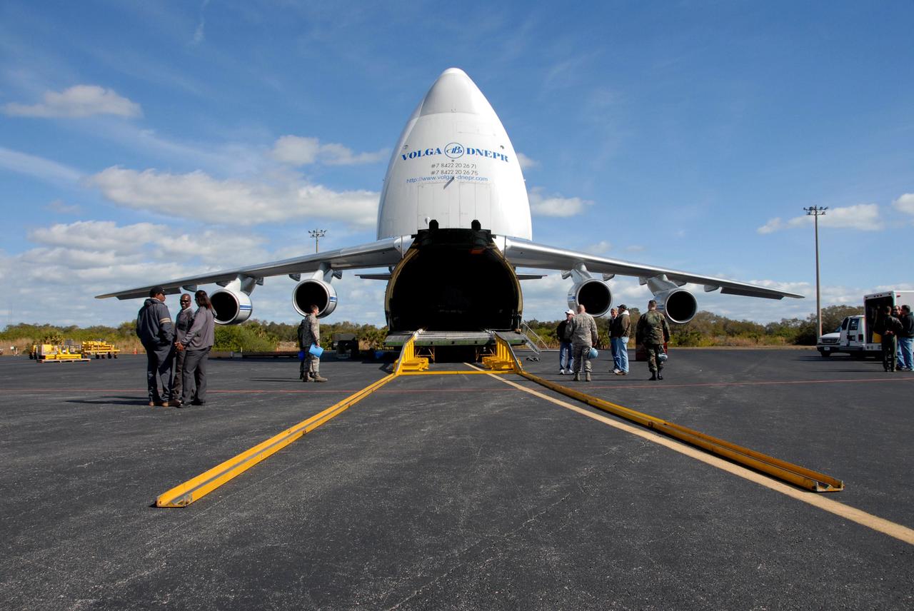 CAPE CANAVERAL, Fla. – The nose of the Russian AH-124-100 aircraft rises up to enable offloading of the Centaur stage of the Atlas V rocket at Cape Canaveral Air Force Station's skid strip in Florida . The Atlas V will launch NASA's Lunar Reconnaissance Orbiter, or LRO, and NASA's Lunar CRater Observation and Sensing Satellite, known as LCROSS. The two spacecraft will be integrated with the Atlas V and tested for final flight worthiness. Launch is scheduled for the spring. LCROSS and LRO are the first missions in NASA's plan to return humans to the moon and begin establishing a lunar outpost by 2020. Photo credit: NASA/Cory Huston