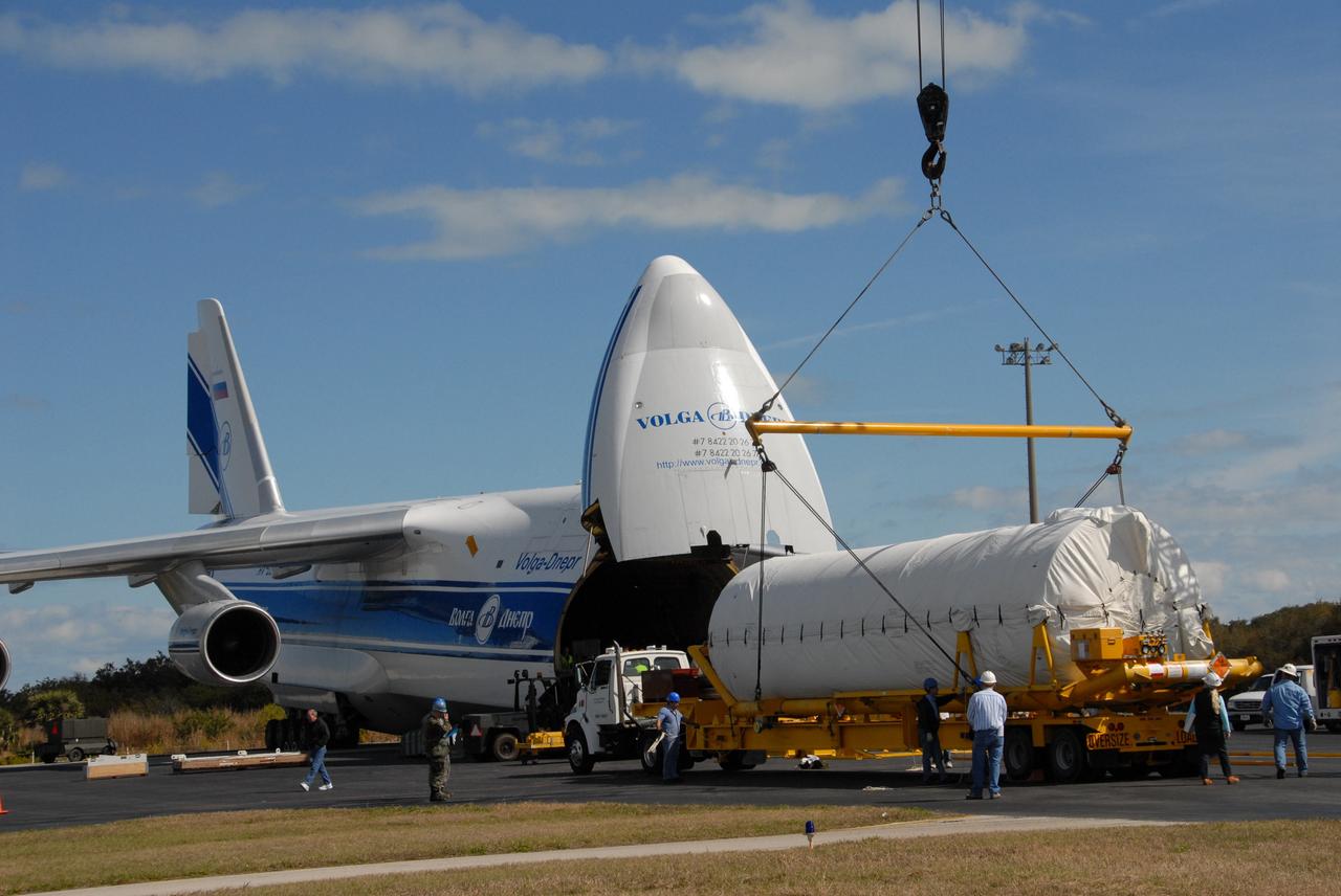 CAPE CANAVERAL, Fla. – On Cape Canaveral Air Force Station's skid strip in Florida, the crane is being removed from the Centaur stage of the Atlas V rocket after placing the Centaur on the flatbed truck. The Centaur will be transported to the Astrotech facility in Titusville, Fla. The Atlas V will launch NASA's Lunar Reconnaissance Orbiter, or LRO, and NASA's Lunar CRater Observation and Sensing Satellite, known as LCROSS. The two spacecraft will be integrated with the Atlas V and tested for final flight worthiness. Launch is scheduled for the spring. LCROSS and LRO are the first missions in NASA's plan to return humans to the moon and begin establishing a lunar outpost by 2020. Photo credit: NASA/Cory Huston