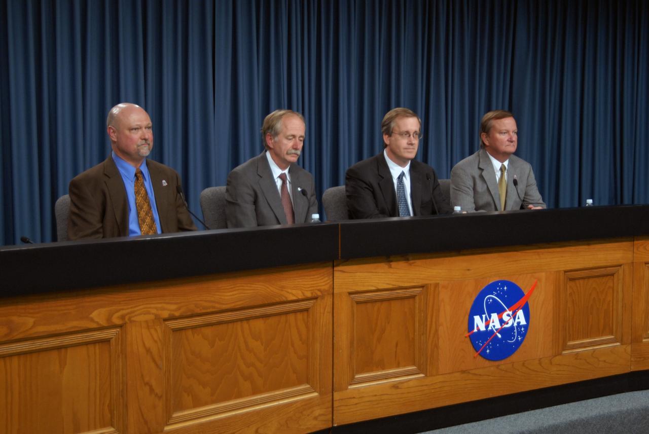 CAPE CANAVERAL, Fla. – Mike Curie (far left), with NASA Public Affairs, moderates the flight readiness review news conference for space shuttle Discovery's STS-119 mission. On the panel are (from left) Associate Administrator for Space Operations Bill Gerstenmaier, Space Shuttle Program Manager John Shannon and Space Shuttle Launch Director Mike Leinbach. During a thorough review of Discovery's readiness for flight, NASA managers decided Feb. 20 more data and possible testing are required before proceeding to launch. Engineering teams have been working to identify what caused damage to a flow control valve on shuttle Endeavour during its November 2008 flight. A new launch date has not been determined. NASA managers decided Feb. 20 more data and possible testing are required before proceeding to launch. Engineering teams have been working to identify what caused damage to a flow control valve on shuttle Endeavour during its November 2008 flight. A new launch date has not been determined. Photo credit: NASA/Glenn Benson