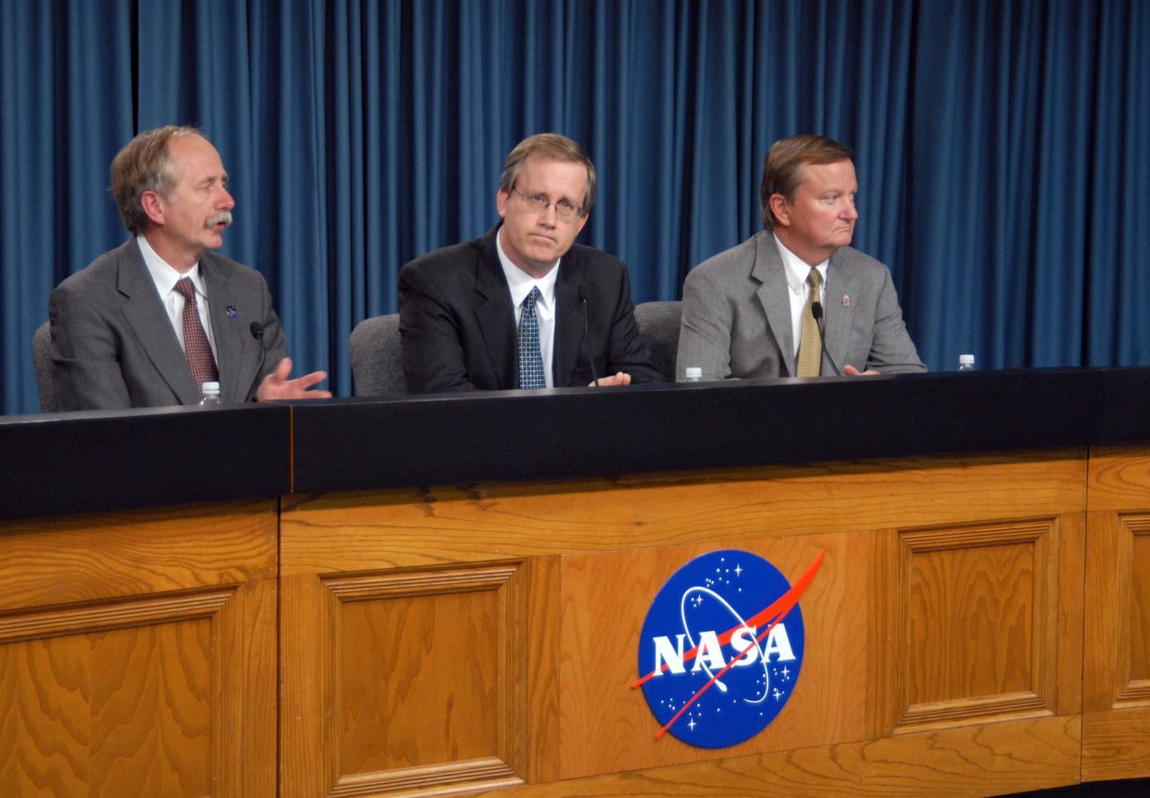 CAPE CANAVERAL, Fla. – Associate Administrator for Space Operations Bill Gerstenmaier, Space Shuttle Program Manager John Shannon and Space Shuttle Launch Director Mike Leinbach respond to media questions about the flight readiness review news conference for space shuttle Discovery's STS-119 mission. NASA managers decided Feb. 20 more data and possible testing are required before proceeding to launch. Engineering teams have been working to identify what caused damage to a flow control valve on shuttle Endeavour during its November 2008 flight. A new launch date has not been determined. Photo credit: NASA/Glenn Benson