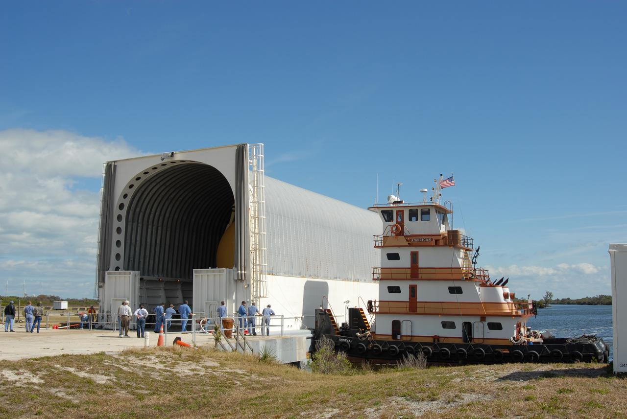 CAPE CANAVERAL, Fla. – At NASA's Kennedy Space Center in Florida, the Pegasus barge has docked at the turn basin. Pegasus holds the external fuel tank ET-131. The tank will be taken off and moved to the Vehicle Assembly Building. ET-131 will be used on space shuttle Endeavour's STS-127 mission.The Japanese Experiment Module's Experiment Logistics Module-Exposed Section, or ELM-ES, is part of the payload on the STS-127 mission, targeted for launch in June. Photo credit: NASA/Tim Jacobs