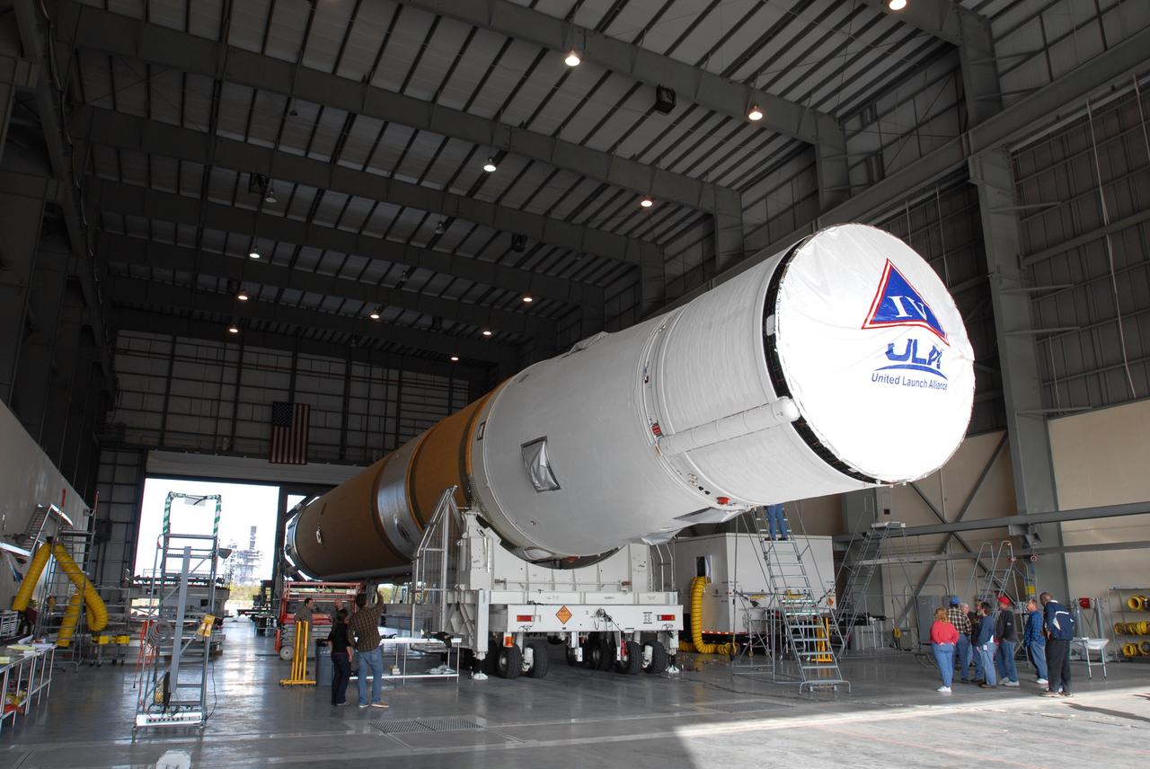 CAPE CANAVERAL, Fla. – On Complex 37 at Cape Canaveral Air Force Station in Florida, the GOES-O and Delta IV second stage are being prepared to leave the Horizontal Integration Facility. They will be moved to the launch pad. GOES–O is one of a series of Geostationary Operational Environmental Satellites. The multi-mission GOES series N-P will be a vital contributor to weather, solar and space operations and science. NASA and the National Oceanic and Atmospheric Administration, or NOAA, are actively engaged in a cooperative program to expand the existing GOES system with the launch of the GOES N-P satellites. Launch of the GOES-O is targeted for no earlier than April 2009. Photo credit: NASA/Jim Grossmann