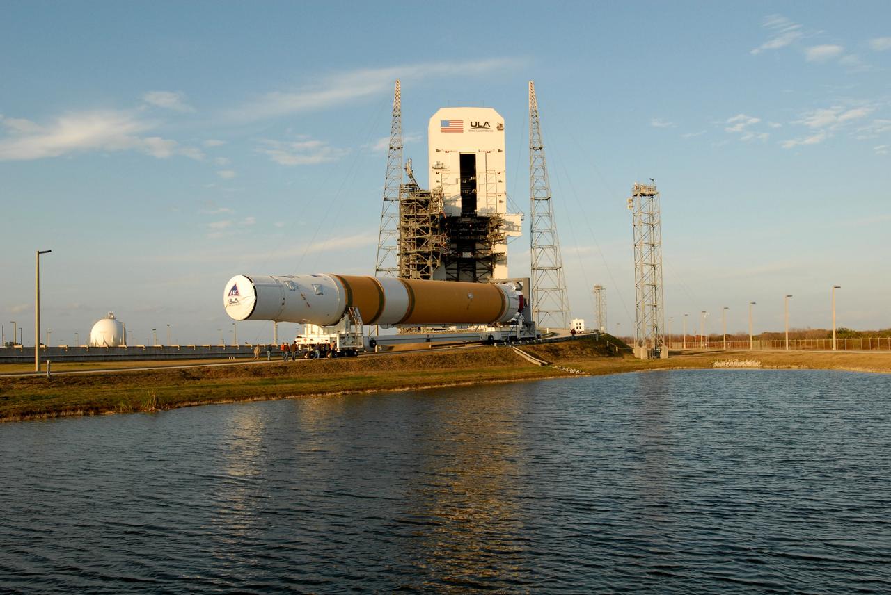 CAPE CANAVERAL, Fla. – At Cape Canaveral Air Force Station in Florida, the GOES-O and Delta IV second stage arrive on Launch Pad 37. They will be raised to vertical and moved into the mobile service tower. GOES–O is one of a series of Geostationary Operational Environmental Satellites. The multi-mission GOES series N-P will be a vital contributor to weather, solar and space operations and science. NASA and the National Oceanic and Atmospheric Administration, or NOAA, are actively engaged in a cooperative program to expand the existing GOES system with the launch of the GOES N-P satellites. Launch of the GOES-O is targeted for no earlier than April 2009. Photo credit: NASA/Jim Grossmann