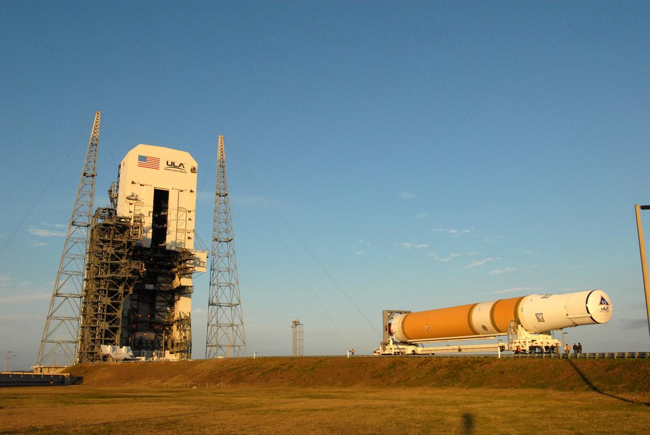 CAPE CANAVERAL, Fla. – At Cape Canaveral Air Force Station in Florida, the GOES-O and Delta IV second stage arrive on Launch Pad 37. They will be raised to vertical and moved into the mobile service tower. GOES–O is one of a series of Geostationary Operational Environmental Satellites. The multi-mission GOES series N-P will be a vital contributor to weather, solar and space operations and science. NASA and the National Oceanic and Atmospheric Administration, or NOAA, are actively engaged in a cooperative program to expand the existing GOES system with the launch of the GOES N-P satellites. Launch of the GOES-O is targeted for no earlier than April 2009. Photo credit: NASA/Jim Grossmann