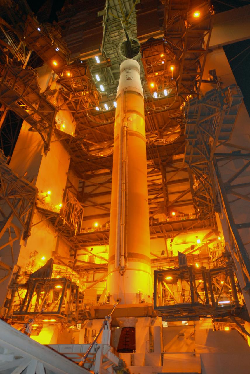 CAPE CANAVERAL, Fla. – On Launch Pad 37 at Cape Canaveral Air Force Station in Florida, the GOES-O and Delta IV upper stage stand erect after lowering of the lifting mechanism. GOES–O is one of a series of Geostationary Operational Environmental Satellites. The multi-mission GOES series N-P will be a vital contributor to weather, solar and space operations and science. NASA and the National Oceanic and Atmospheric Administration, or NOAA, are actively engaged in a cooperative program to expand the existing GOES system with the launch of the GOES N-P satellites. Launch of the GOES-O is targeted for no earlier than April 2009. Photo credit: NASA/Jim Grossmann