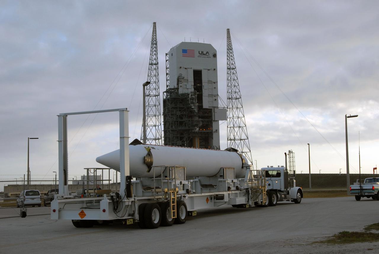 CAPE CANAVERAL, Fla. – The second of two solid rocket boosters arrives on Launch Pad 37 at Cape Canaveral Air Force Station in Florida. It is the rocket to be installed on the right side of the Delta IV launch vehicle for the GOES-O spacecraft. GOES–O is one of a series of Geostationary Operational Environmental Satellites. The multi-mission GOES series N-P will be a vital contributor to weather, solar and space operations and science. NASA and the National Oceanic and Atmospheric Administration, or NOAA, are actively engaged in a cooperative program to expand the existing GOES system with the launch of the GOES N-P satellites. Launch of the GOES-O is targeted for no earlier than April 2009. Photo credit: NASA/Jack Pfaller
