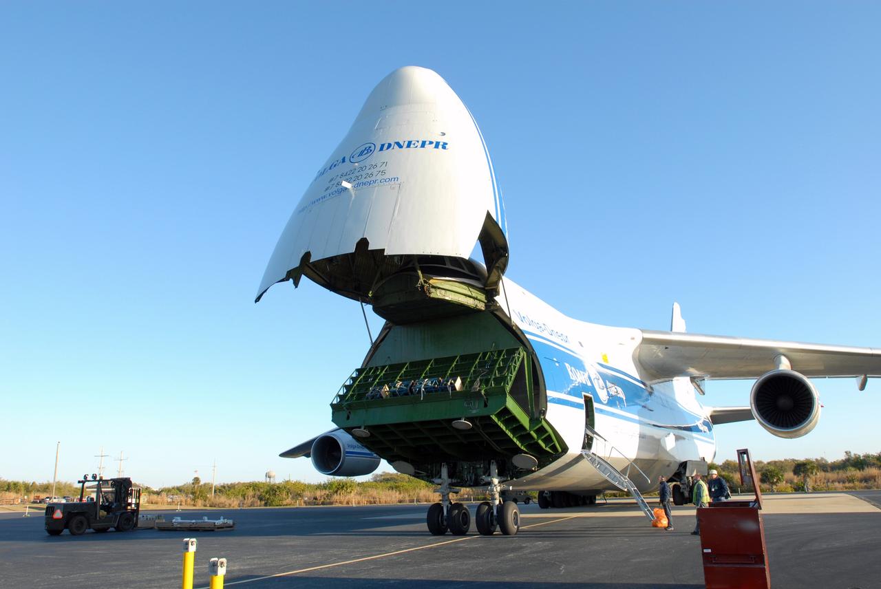 CAPE CANAVERAL, Fla. – On Cape Canaveral Air Force Station's skid strip in Florida, the Russian AH-124-100 aircraft gets ready to offload the Atlas V first stage booster. The Atlas V is the launch vehicle for NASA's Lunar Reconnaissance Orbiter, or LRO, and NASA's Lunar CRater Observation and Sensing Satellite, known as LCROSS. The booster will be taken to the Atlas Space Operations Center on CCAFS. Launch is scheduled no earlier than May 20. LCROSS and LRO are the first missions in NASA's plan to return humans to the moon and begin establishing a lunar outpost by 2020.   Photo credit: NASA/Jim Grossmann