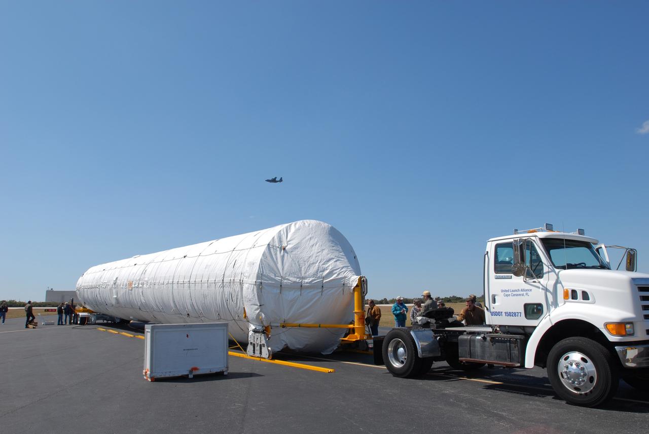 CAPE CANAVERAL, Fla. – On Cape Canaveral Air Force Station's skid strip in Florida, the shrouded Atlas V first stage booster is being prepared for its move to the Atlas Space Operations Center on CCAFS. The Atlas V is the launch vehicle for NASA's Lunar Reconnaissance Orbiter, or LRO, and NASA's Lunar CRater Observation and Sensing Satellite, known as LCROSS.  Launch is scheduled no earlier than May 20. LCROSS and LRO are the first missions in NASA's plan to return humans to the moon and begin establishing a lunar outpost by 2020.   Photo credit: NASA/Jim Grossmann
