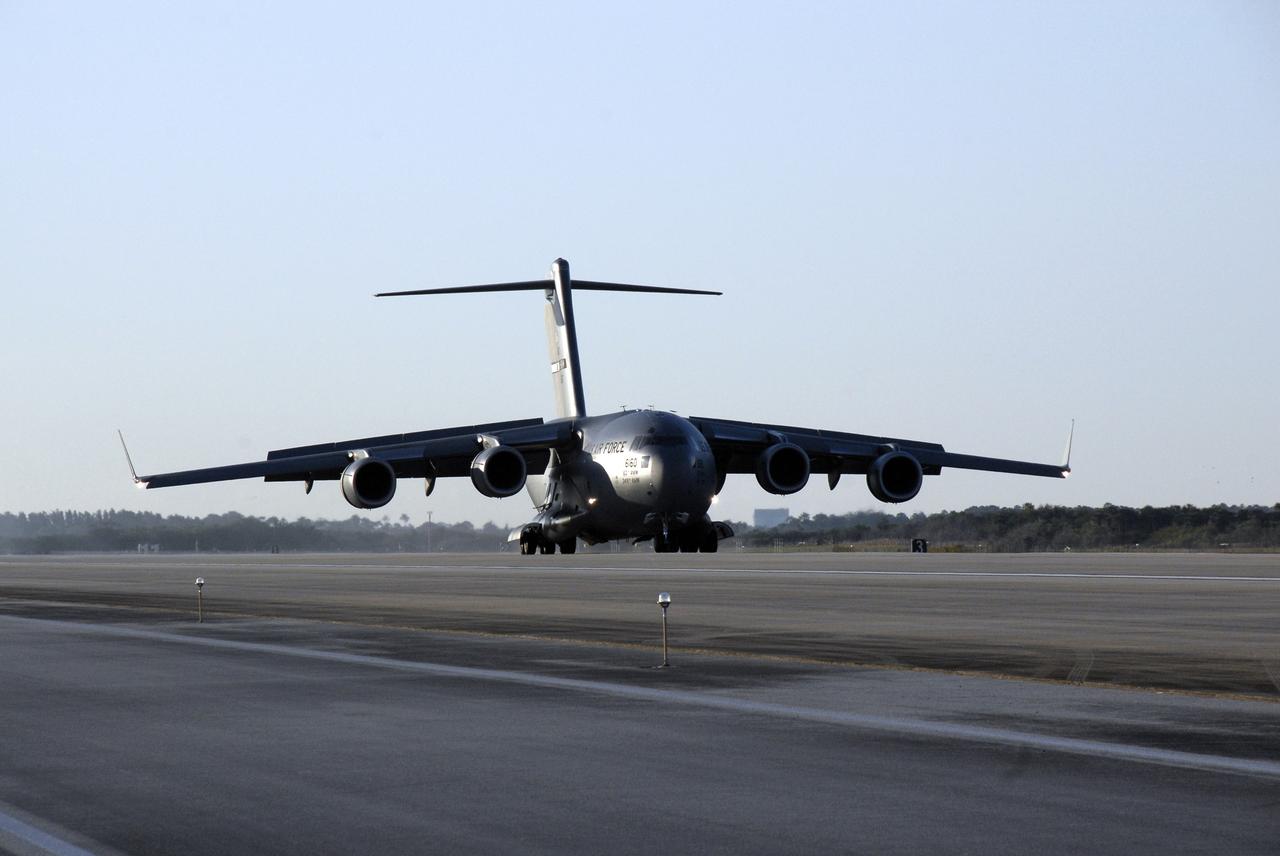 CAPE CANAVERAL, Fla. – The latest Geostationary Operational Environmental Satellite, or GOES, arrives on a C-17 military cargo aircraft at the Shuttle Landing Facility at NASA's Kennedy Space Center in Florida from its manufacturing plant in El Segundo, Calif. Developed by NASA for the National Oceanic and Atmospheric Administration, or NOAA, the GOES-O satellite is targeted to launch April 28 onboard a United Launch Alliance Delta IV expendable launch vehicle. Once in orbit, GOES-O will be designated GOES-14, and NASA will provide on-orbit checkout and then transfer operational responsibility to NOAA. GOES-O will be placed in on-orbit storage as a replacement for an older GOES satellite. After arriving, the satellite was transported to Astrotech in Titusville, Fla., where final testing of the imaging system, instrumentation, communications and power systems will be performed. Photo credit: NASA/Kim Shiflett