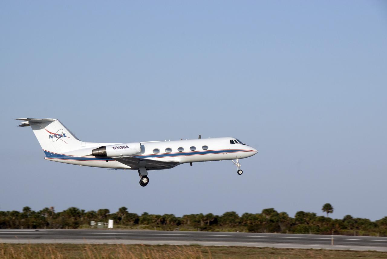 CAPE CANAVERAL, Fla. – One of the two Shuttle Training Aircraft approaches touchdown on the Shuttle Landing Facility runway at NASA's Kennedy Space Center in Florida. STS-119 Commander Lee Archambault and Pilot Tony Antonelli are practicing shuttle landings on the runway. The mission crew members arrived in the afternoon at Kennedy to prepare for launch. The mission is the 28th to the International Space Station and the 125th space shuttle flight. Space shuttle Discovery will deliver the final pair of power-generating solar array wings and truss element, S6. Photo credit: NASA/Kim Shiflett