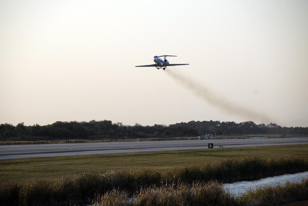 CAPE CANAVERAL, Fla. – One of the two Shuttle Training Aircraft takes off from Shuttle Landing Facility runway at NASA's Kennedy Space Center in Florida. STS-119 Commander Lee Archambault and Pilot Tony Antonelli are practicing shuttle landings on the runway. The mission crew members arrived in the afternoon at Kennedy to prepare for launch. The mission is the 28th to the International Space Station and the 125th space shuttle flight. Space shuttle Discovery will deliver the final pair of power-generating solar array wings and truss element, S6. Photo credit: NASA/Kim Shiflett