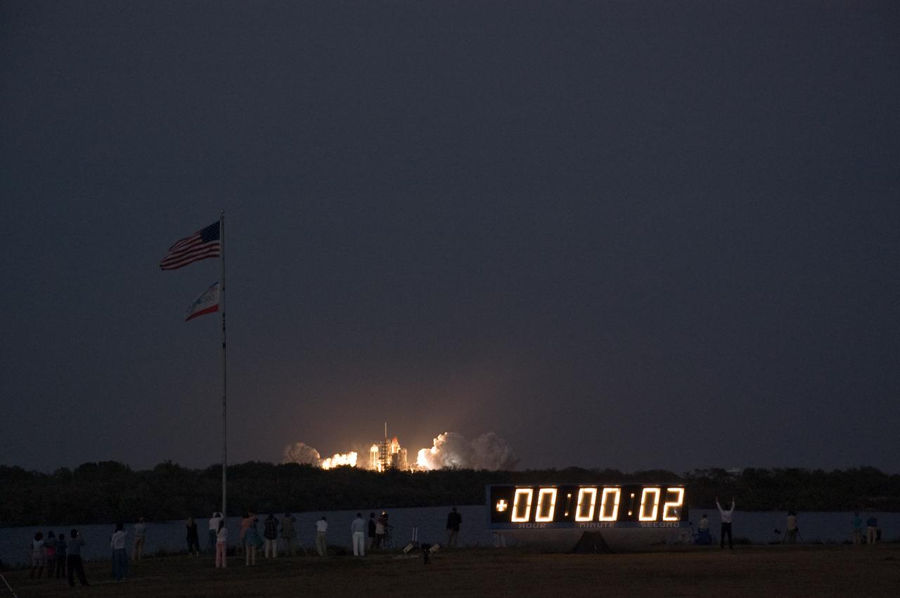 CAPE CANAVERAL, Fla. – Space shuttle Discovery lights up the sky after sunset as it roars off Launch Pad 39A at NASA's Kennedy Space Center in Florida on its mission to the International Space Station. Liftoff was on time at 7:43 p.m. EDT.  The STS-119 mission is the 28th to the space station and Discovery's 36th flight.  Discovery will deliver the final pair of power-generating solar array wings and the S6 truss segment.  Installation of S6 will signal the station's readiness to house a six-member crew for conducting increased science.  Photo credit: NASA/Fletch Hildreth