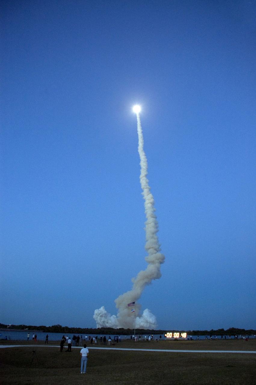 CAPE CANAVERAL, Fla. – Looking like a sun riding a column of smoke, space shuttle Discovery hurtles into the evening sky on the STS-119 mission.  Liftoff was on time at 7:43 p.m. EDT.  The STS-119 mission is the 28th to the International Space Station and the 125th space shuttle flight.  Discovery will deliver the final pair of power-generating solar array wings and the S6 truss segment.  Installation of S6 will signal the station's readiness to house a six-member crew for conducting increased science. Photo credit: NASA/Fletch Hildreth