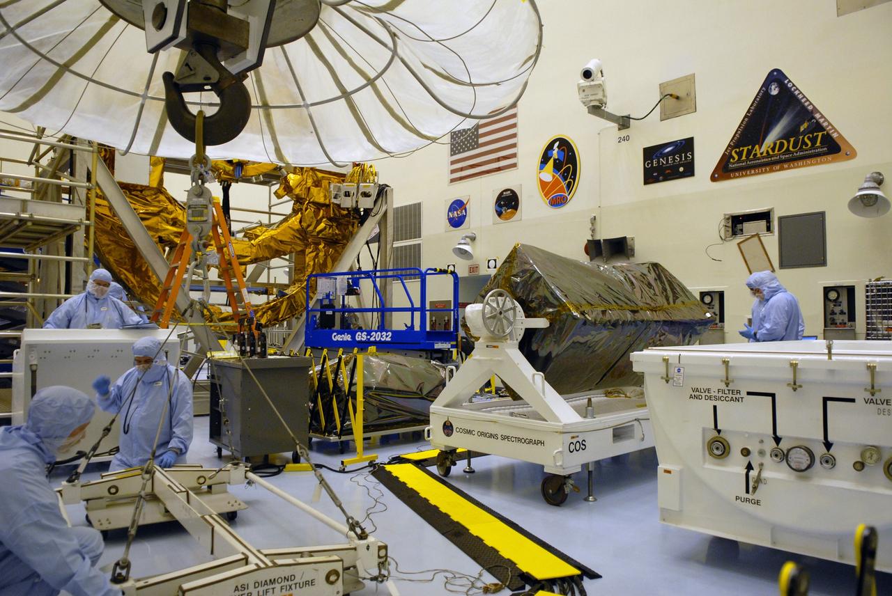 CAPE CANAVERAL, Fla. – In the Payload Hazardous Servicing Facility at NASA's Kennedy Space Center in Florida, the crane has been removed from the Cosmic Origins Spectrograph, or COS, after placing the COS on a test stand. The COS is part of the payload on space shuttle Atlantis for the Hubble servicing mission, targeted to launch in mid-May. Installing the COS during the mission will effectively restore spectroscopy to Hubble’s scientific arsenal, and at the same time provide the telescope with unique capabilities. COS is designed to study the large-scale structure of the universe and how galaxies, stars and planets formed and evolved. It will help determine how elements needed for life such as carbon and iron first formed and how their abundances have increased over the lifetime of the universe. Photo credit: NASA/Jack Pfaller
