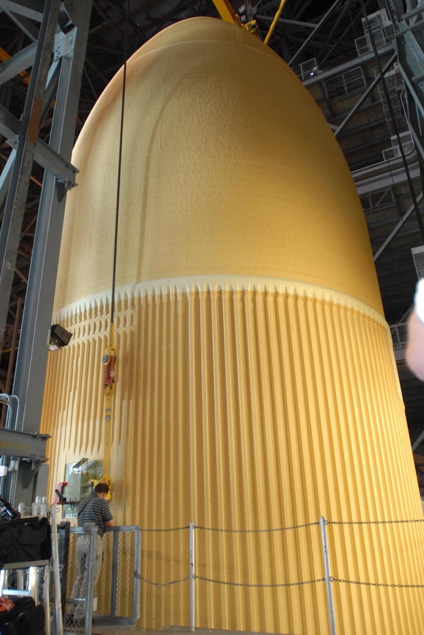 CAPE CANAVERAL, Fla. – In the Vehicle Assembly Building at NASA's Kennedy Space Center in Florida, the external fuel tank for space shuttle Endeavour is ready to be lifted into high bay 1 for stacking with the solid rocket boosters on the mobile launcher platform.  Endeavour is the launch vehicle for the STS-127 mission Endeavour will deliver the Japanese Experiment Module's Experiment Logistics Module-Exposed Section, or ELM-ES, to the International Space Station on STS-127. Launch is targeted for mid-June 2009. Photo credit: NASA/Jim Grossmann