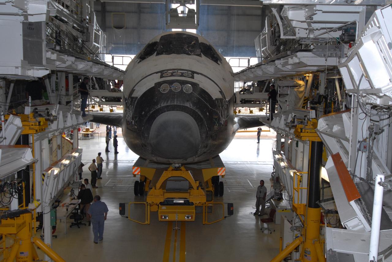 CAPE CANAVERAL, Fla. – Space shuttle Atlantis is ready to move out of Orbiter Processing Facility 1 at NASA's Kennedy Space Center in Florida and roll over to the Vehicle Assembly Building. In the VAB, Atlantis will be lifted into High Bay 3 and mated to the solid rocket booster-external fuel tank already installed on the mobile launcher platform. Atlantis is targeted to launch May 12 for the STS-125 Hubble servicing mission. Photo credit: NASA/Jack Pfaller