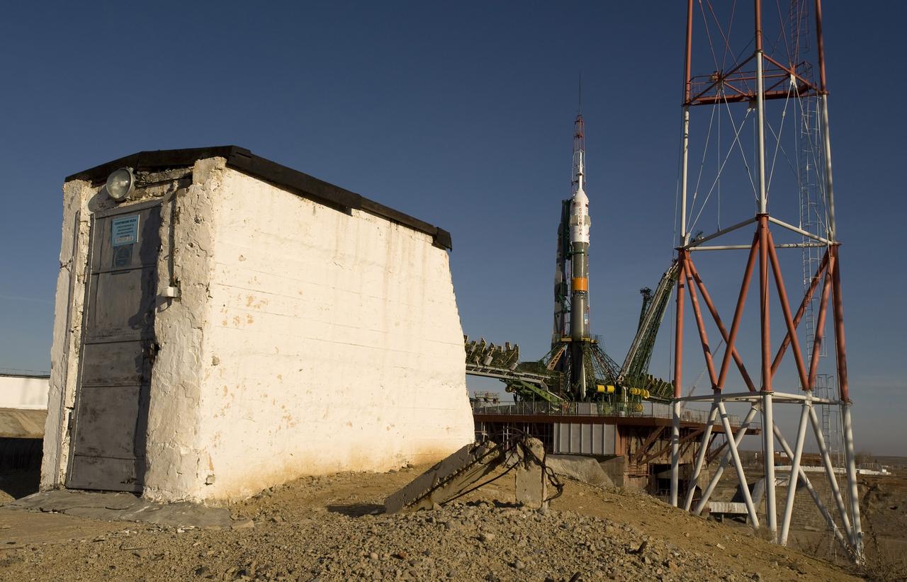 CAPE CANAVERAL, Fla. – The Soyuz rocket is erected into position at the launch pad March 24, 2009, at the Baikonur Cosmodrome in Kazakhstan.  The Soyuz is scheduled to launch the crew of Expedition 19 and a spaceflight participant on March 26, 2009.  Photo credit: NASA/Bill Ingalls