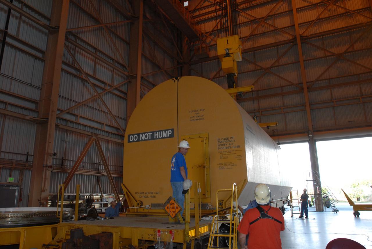 CAPE CANAVERAL, Fla. – The first Ares I-X motor segment is in the Rotation, Processing and Surge Facility at NASA's Kennedy Space Center in Florida. It is one of four reusable motor segments and nozzle exit cone shipped by the Ares I first-stage prime contractor Alliant Techsystems Inc. for final processing and integration in the facility. The booster used for the Ares I-X launch is being modified by adding new forward structures and a fifth segment simulator. The motor is the final hardware needed for the rocket's upcoming flight test this summer. The stacking operations are scheduled to begin in the Vehicle Assembly Building in April. Photo credit: NASA/Jim Grossmann