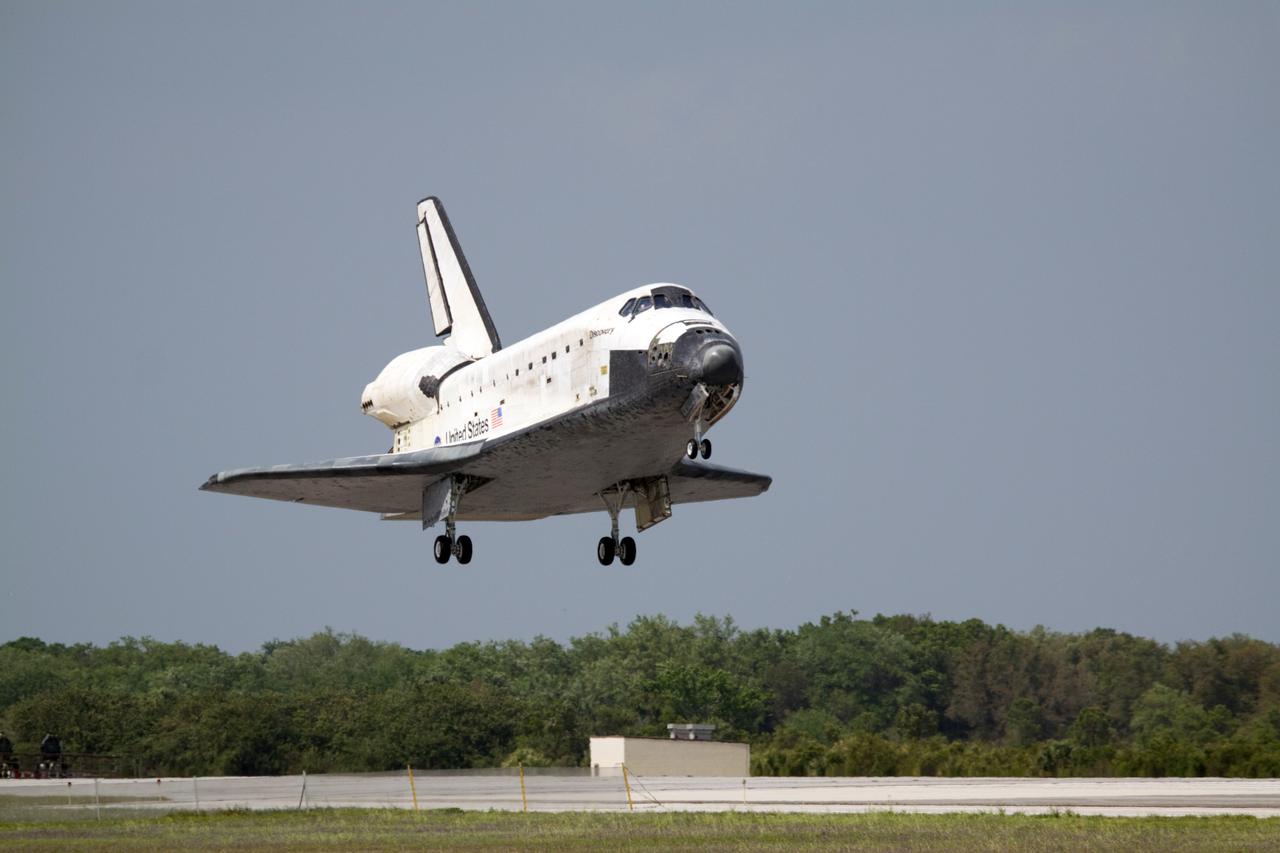 CAPE CANAVERAL, Fla. – Space shuttle Discovery nears touchdown on Runway 15 at NASA's Kennedy Space Center in Florida to complete the 13-day, 5.3-million mile journey on the STS-119 mission to the International Space Station. Main gear touchdown was at 3:13:17 p.m. EDT.  Nose gear touchdown was at 3:13:40 p.m. and wheels stop was at 3:14:45 p.m.  Discovery delivered the final pair of large power-generating solar array wings and the S6 truss segment. The mission was the 28th flight to the station, the 36th flight of Discovery and the 125th in the Space Shuttle Program, as well as the 70th landing at Kennedy. Photo credit: NASA/Kenny Allen