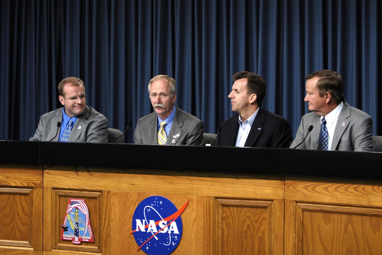 CAPE CANAVERAL, Fla. – At NASA's Kennedy Space Center in Florida, NASA managers participate in a news conference following landing of the space shuttle Discovery STS-119 mission to the International Space Station.  From left are NASA Kennedy Space Center News Chief Allard Beutel, NASA Associate Administrator for Space Operations Bill Gerstenmaier, NASA Deputy Manager of Space Shuttle Program LeRoy Cain and NASA Shuttle Launch Director Mike Leinbach. Main gear touchdown was at 3:13:17 p.m. EDT.  Nose gear touchdown was at 3:13:40 p.m. and wheels stop was at 3:14:45 p.m.  Discovery delivered the final pair of large power-generating solar array wings and the S6 truss segment. The mission was the 28th flight to the station, the 36th flight of Discovery and the 125th in the Space Shuttle Program, as well as the 70th landing at Kennedy. Photo credit: NASA/Kim Shiflett