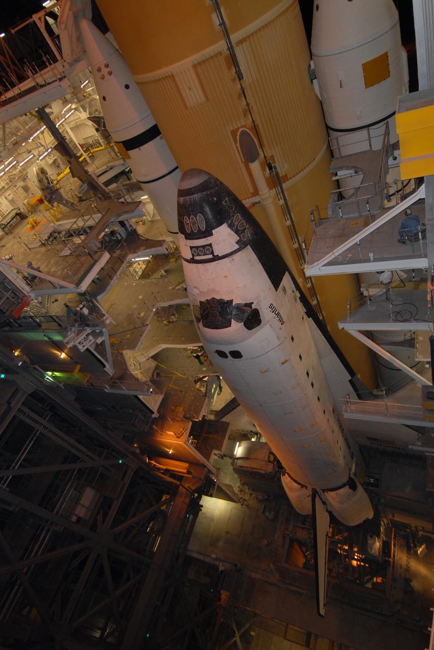CAPE CANAVERAL, Fla. – Space shuttle Atlantis is ready to roll out of the Vehicle Assembly Building to Launch Pad 39A at NASA's Kennedy Space Center in Florida. Atlantis is targeted to lift off May 12 to service NASA's Hubble Space Telescope. First motion was at 3:54 a.m. EDT. The 3.4-mile trip will take about six hours. During Atlantis' 11-day mission, the crew of seven astronauts will make the final shuttle flight to Hubble. During five spacewalks, they will install two new instruments, repair two inactive ones and replace components. The result will be six working, complementary science instruments with capabilities beyond what is now available, and an extended operational lifespan for the telescope through at least 2014.   Photo credit: NASA/Jack Pfaller