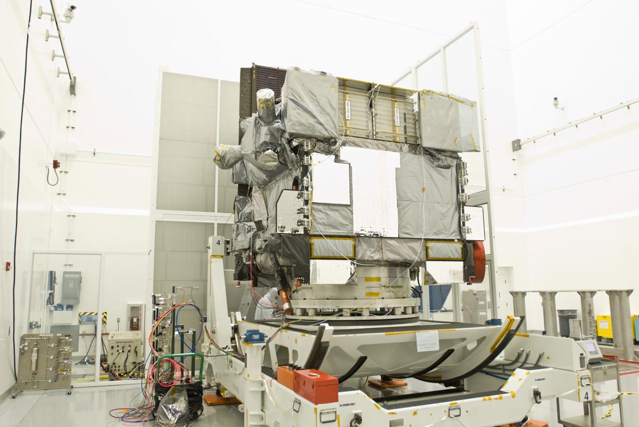 CAPE CANAVERAL, Fla. –  In the Astrotech payload processing facility in Titusville, Fla., the GOES-O satellite has been rotated on its stand to a vertical position after blanket inspection.  The latest Geostationary Operational Environmental Satellite, GOES-O was developed by NASA for the National Oceanic and Atmospheric Administration, or NOAA. Once in orbit, GOES-O will be designated GOES-14, and NASA will provide on-orbit checkout and then transfer operational responsibility to NOAA. The GOES-O satellite is targeted to launch April 28 onboard a United Launch Alliance Delta IV expendable launch vehicle.    Photo credit: NASA/Jim Grossmann