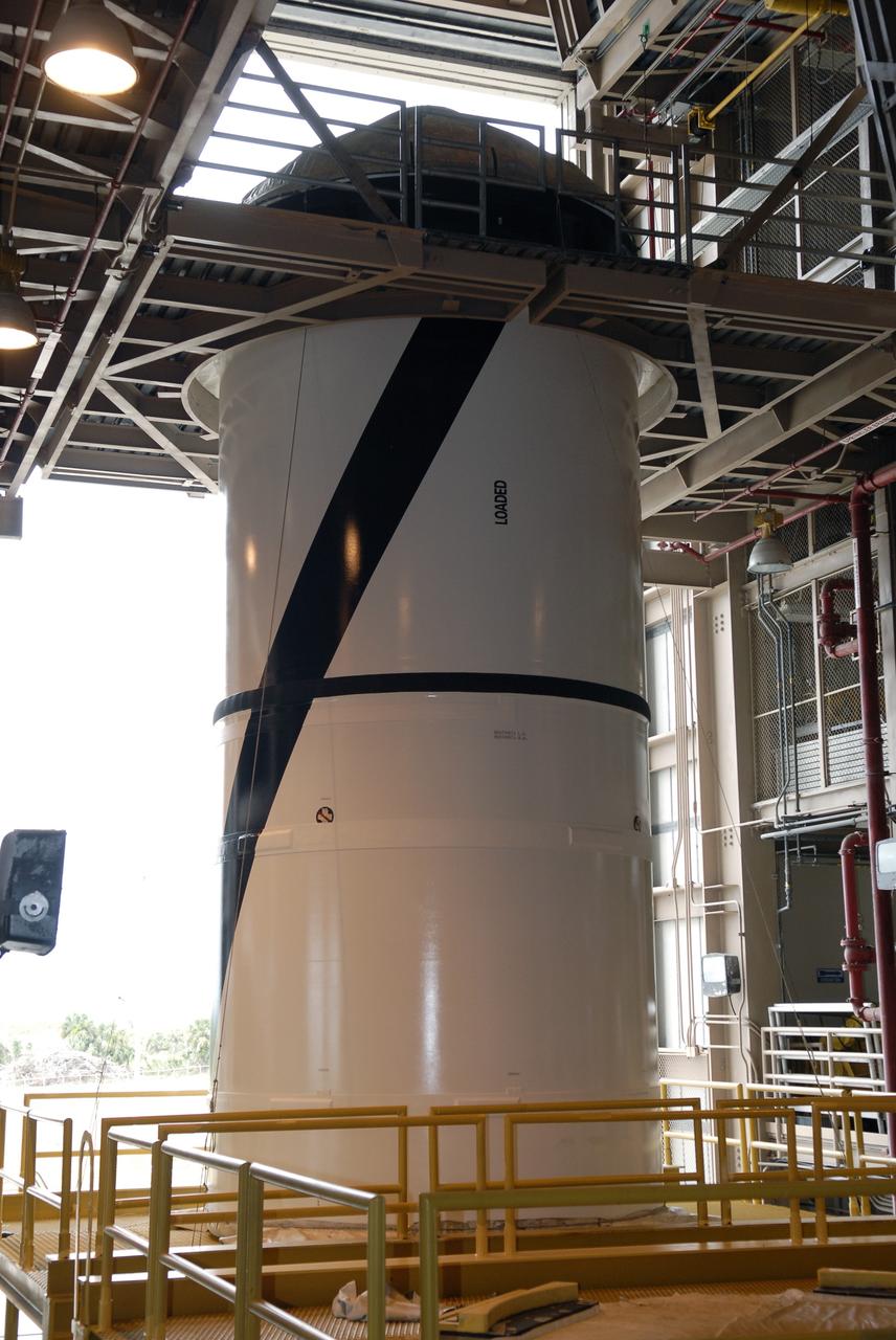 CAPE CANAVERAL, Fla. –  In the Rotation, Processing and Surge Facility at NASA's Kennedy Space Center in Florida, the second of four Ares I-X segments waits for transfer to a work stand for final processing and integration in the facility. The booster used for the Ares I-X launch is being modified by adding new forward structures and a fifth segment simulator. The stacking operations are scheduled to begin in the Vehicle Assembly Building in April. Launch of the Ares I-X test flight is targeted for July 2009.  Photo credit: NASA/Kim Shiflett