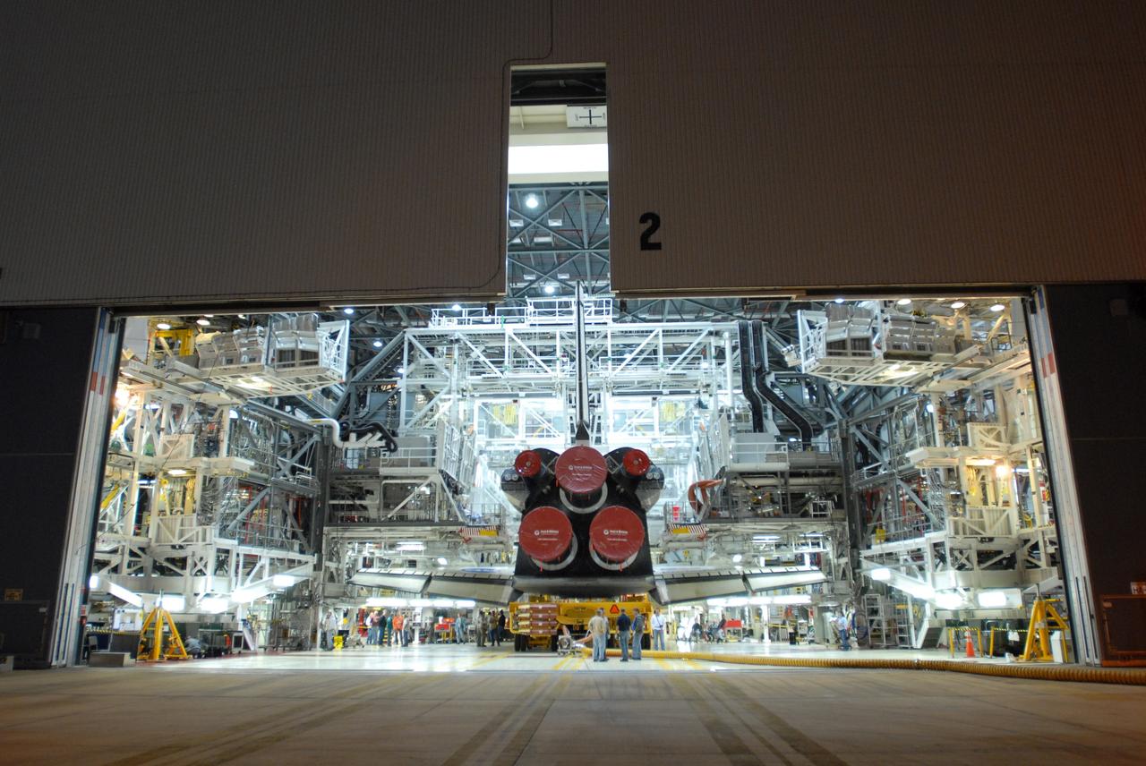CAPE CANAVERAL, Fla. –  Space shuttle Endeavour is ready for the rollover from Orbiter Processing Facility 2 to the Vehicle Assembly Building at NASA's Kennedy Space Center, Fla. The first motion of the shuttle out of its hangar was at 6:56 a.m. EDT. In the VAB, Endeavour will be lifted into High Bay 1 and mated to the external fuel tank and solid rocket boosters already installed on the mobile launcher platform. Endeavour is scheduled to roll out to Launch Pad 39B in about a week.  Endeavour will be prepared on the pad for liftoff in the unlikely event that a rescue mission is necessary following space shuttle Atlantis' launch on the STS-125 mission to service the Hubble Space Telescope. After Atlantis is cleared to land, Endeavour will move to Launch Pad 39A for its upcoming STS-127 mission to the International Space Station, targeted to launch in mid-June.   Photo credit: NASA/Jim Grossmann