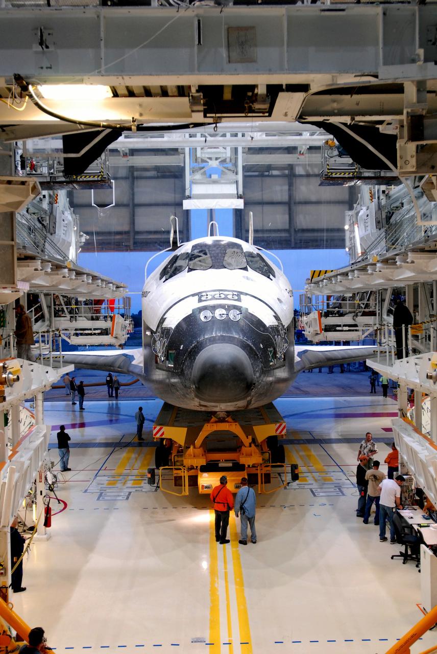 CAPE CANAVERAL, Fla. –  Space shuttle Endeavour is ready for the rollover from Orbiter Processing Facility 2 to the Vehicle Assembly Building at NASA's Kennedy Space Center, Fla. The first motion of the shuttle out of its hangar was at 6:56 a.m. EDT.  In the VAB, Endeavour will be lifted into High Bay 1 and mated to the external fuel tank and solid rocket boosters already installed on the mobile launcher platform. Endeavour is scheduled to roll out to Launch Pad 39B in about a week.  Endeavour will be prepared on the pad for liftoff in the unlikely event that a rescue mission is necessary following space shuttle Atlantis' launch on the STS-125 mission to service the Hubble Space Telescope. After Atlantis is cleared to land, Endeavour will move to Launch Pad 39A for its upcoming STS-127 mission to the International Space Station, targeted to launch in mid-June.   Photo credit: NASA/Jim Grossmann