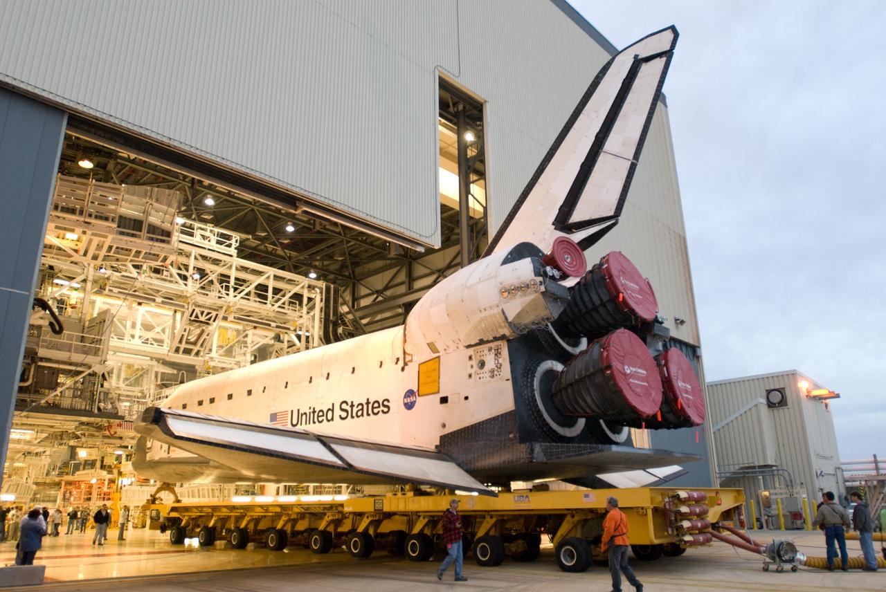 CAPE CANAVERAL, Fla. –  Space shuttle Endeavour begins its move from Orbiter Processing Facility 2 to the Vehicle Assembly Building at NASA's Kennedy Space Center, Fla. The first motion of the shuttle out of its hangar was at 6:56 a.m. EDT. In the VAB, Endeavour will be lifted into High Bay 1 and mated to the external fuel tank and solid rocket boosters already installed on the mobile launcher platform. Endeavour is scheduled to roll out to Launch Pad 39B in about a week.  Endeavour will be prepared on the pad for liftoff in the unlikely event that a rescue mission is necessary following space shuttle Atlantis' launch on the STS-125 mission to service the Hubble Space Telescope. After Atlantis is cleared to land, Endeavour will move to Launch Pad 39A for its upcoming STS-127 mission to the International Space Station, targeted to launch in mid-June.   Photo credit: NASA/Jim Grossmann