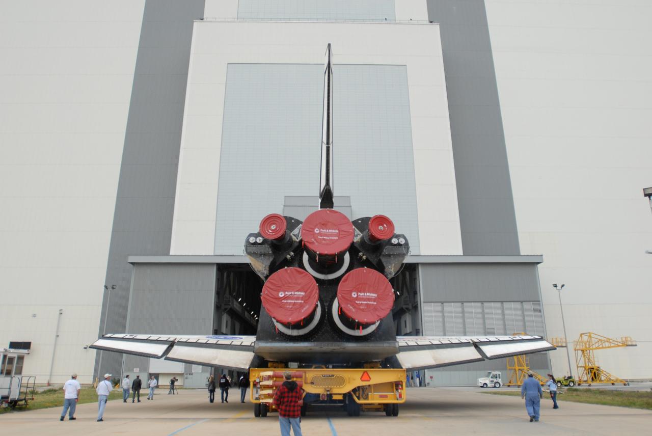 CAPE CANAVERAL, Fla. – Space shuttle Endeavour arrives at the Vehicle Assembly Building at NASA's Kennedy Space Center, Fla. The first motion of the shuttle out of Orbiter Processing Facility 2 was at 6:56 a.m. EDT. In the VAB, Endeavour will be lifted into High Bay 1 and mated to the external fuel tank and solid rocket boosters already installed on the mobile launcher platform. Endeavour is scheduled to roll out to Launch Pad 39B in about a week.  Endeavour will be prepared on the pad for liftoff in the unlikely event that a rescue mission is necessary following space shuttle Atlantis' launch on the STS-125 mission to service the Hubble Space Telescope. After Atlantis is cleared to land, Endeavour will move to Launch Pad 39A for its upcoming STS-127 mission to the International Space Station, targeted to launch in mid-June.   Photo credit: NASA/Jim Grossmann