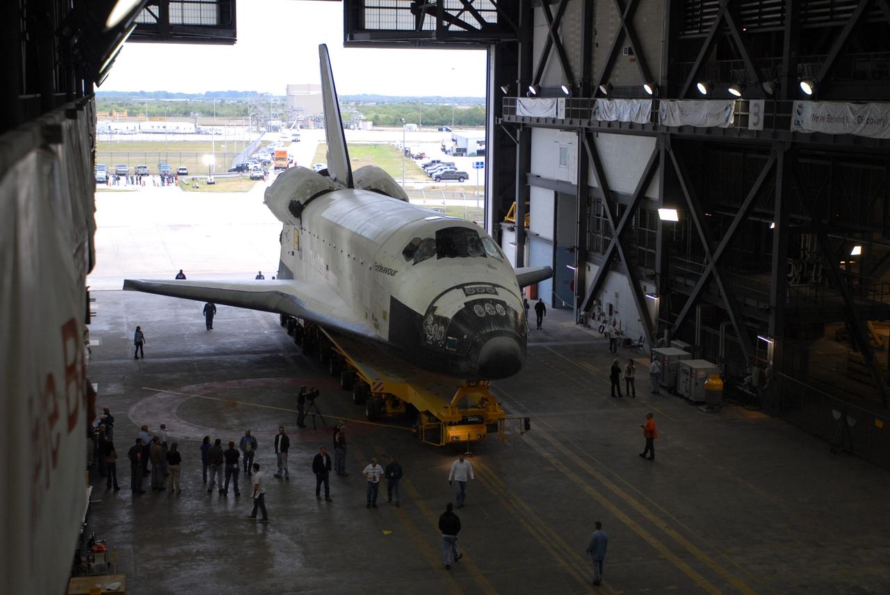 CAPE CANAVERAL, Fla. – Space shuttle Endeavour rolls into the Vehicle Assembly Building at NASA's Kennedy Space Center, Fla. The first motion of the shuttle out of Orbiter Processing Facility 2 was at 6:56 a.m. EDT.  In the VAB, Endeavour will be lifted into High Bay 1 and mated to the external fuel tank and solid rocket boosters already installed on the mobile launcher platform. Endeavour is scheduled to roll out to Launch Pad 39B in about a week.  Endeavour will be prepared on the pad for liftoff in the unlikely event that a rescue mission is necessary following space shuttle Atlantis' launch on the STS-125 mission to service the Hubble Space Telescope. After Atlantis is cleared to land, Endeavour will move to Launch Pad 39A for its upcoming STS-127 mission to the International Space Station, targeted to launch in mid-June.   Photo credit: NASA/Jim Grossmann