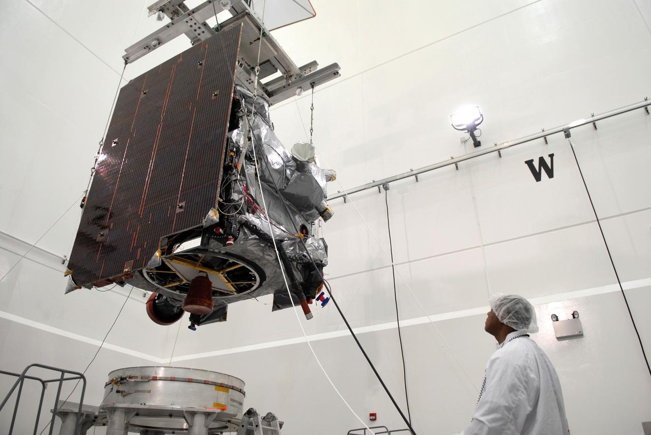 CAPE CANAVERAL, Fla. – In the Astrotech payload processing facility in Titusville, Fla., the GOES-O satellite traverses the clean room toward a special stand for loading of its oxidizer and hydrazine propellants. The latest Geostationary Operational Environmental Satellite, GOES-O was developed by NASA for the National Oceanic and Atmospheric Administration, or NOAA. The GOES satellites continuously provide observations of 60 percent of the Earth including the continental United States, providing weather monitoring and forecast operations as well as a continuous and reliable stream of environmental information and severe weather warnings. Once in orbit, GOES-O will be designated GOES-14, and NASA will provide on-orbit checkout and then transfer operational responsibility to NOAA. The GOES-O satellite is targeted to launch from Cape Canaveral Air Force Station's Launch Complex 37 no earlier than May 12 onboard a United Launch Alliance Delta IV expendable launch vehicle.  Photo credit: NASA/Troy Cryder