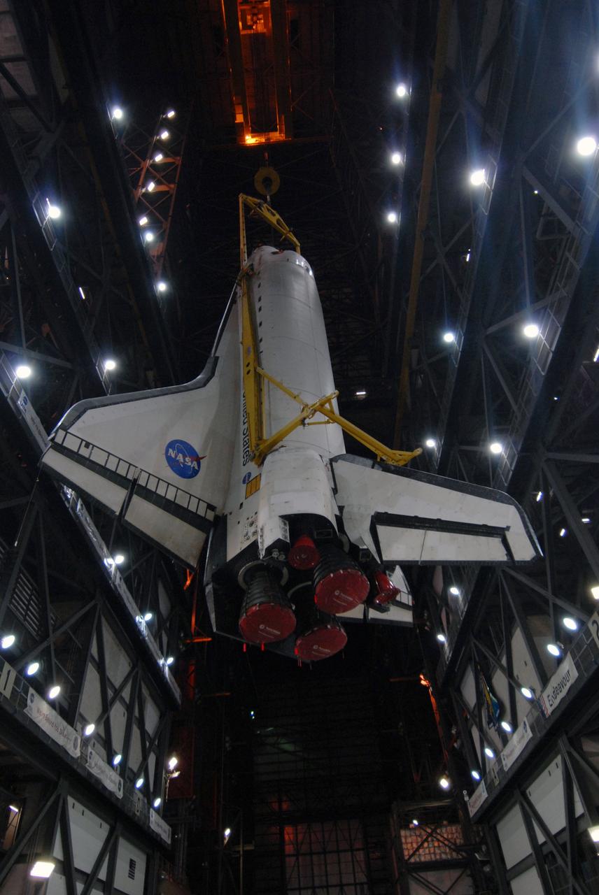 CAPE CANAVERAL, Fla. – In the Vehicle Assembly Building at NASA's Kennedy Space Center in Florida space shuttle Endeavour is lifted into the upper levels for transfer to High Bay 1. The shuttle then will be lowered onto the mobile launcher platform and attached to the external fuel tank and solid rocket boosters already installed there. Endeavour is scheduled to roll out to Launch Pad 39B on April 17. Endeavour will be prepared on the pad for liftoff in the unlikely event that a rescue mission is necessary following space shuttle Atlantis' launch on the STS-125 mission to service the Hubble Space Telescope. After Atlantis is cleared to land, Endeavour will move to Launch Pad 39A for its upcoming STS-127 mission to the International Space Station, targeted to launch in mid-June. Photo credit: NASA/Troy Cryder