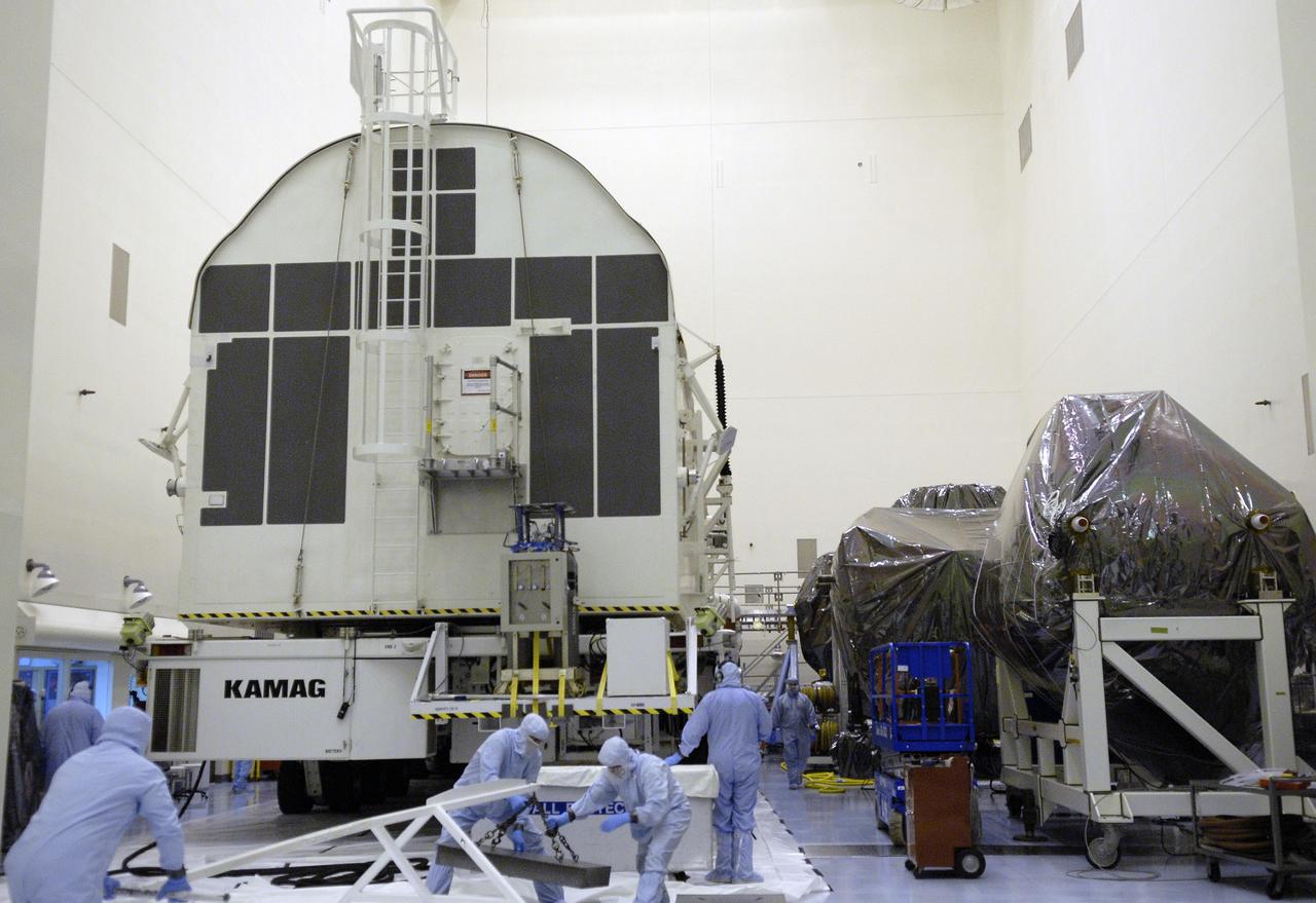 CAPE CANAVERAL, Fla. – At NASA's Kennedy Space Center in Florida, the payload canister has rolled into the clean-room environment of the Payload Hazardous Servicing Facility for the loading of Hubble hardware and equipment.  The canister will deliver its cargo to Launch Pad 39A where it will be transferred to space shuttle Atlantis.  Atlantis is targeted to launch May 12 on the STS-125 mission to service the Hubble Space Telescope.   Photo credit: NASA/Kim Shiflett