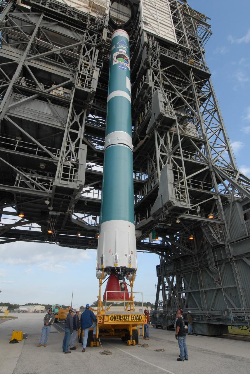 CAPE CANAVERAL, Fla. – On Cape Canaveral Air Force Station's Launch Complex 17-B in Florida, after being raised to vertical, the first stage of a Delta II rocket will be lifted into the mobile service tower on for processing. The rocket is the launch vehicle for the STSS Demonstrators Program. STSS Demonstrators Program is a midcourse tracking technology demonstrator and is part of an evolving ballistic missile defense system. STSS is capable of tracking objects after boost phase and provides trajectory information to other sensors. It will be launched by NASA for the Missile Defense Agency on July 29.  Photo credit: NASA/Jack Pfaller