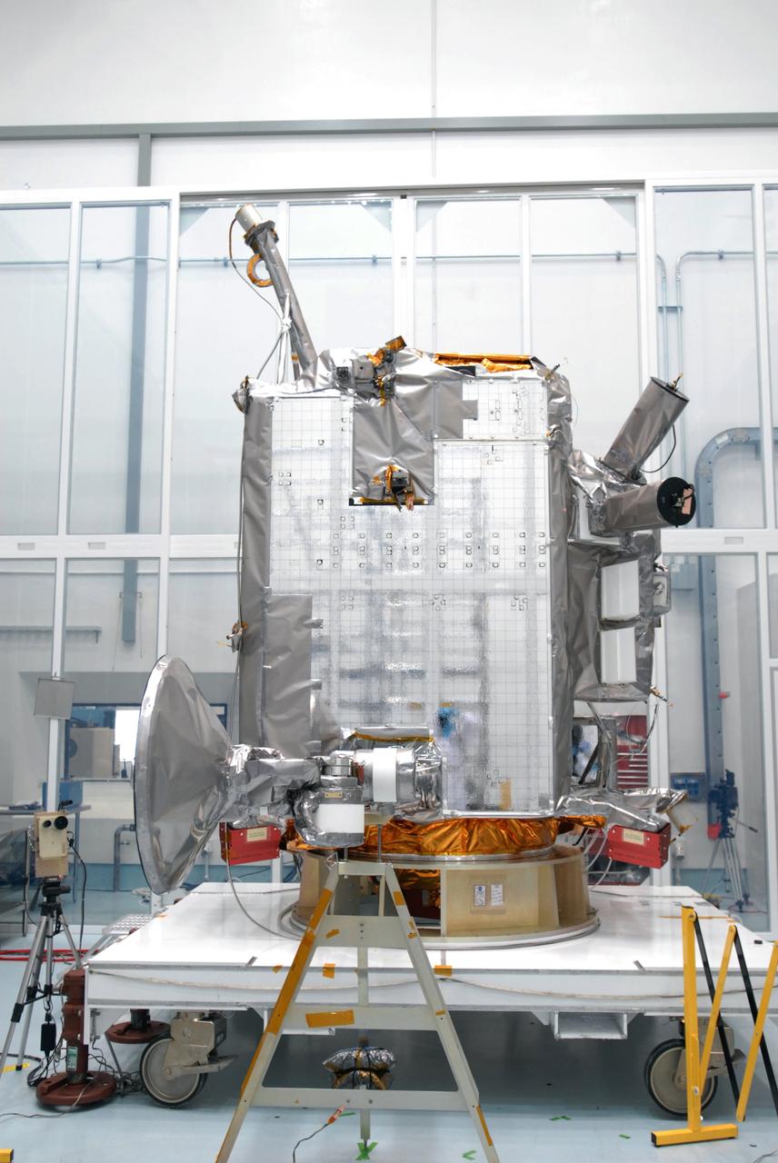 CAPE CANAVERAL, Fla. – At Astrotech Space Operations in Titusville, Fla., the range of motion is being tested on the high-gain antenna for the Lunar Reconnaissance Orbiter. The orbiter will carry seven instruments to provide scientists with detailed maps of the lunar surface and enhance our understanding of the moon's topography, lighting conditions, mineralogical composition and natural resources. Information gleaned from LRO will be used to select safe landing sites, determine locations for future lunar outposts and help mitigate radiation dangers to astronauts.  Launch of LRO is targeted no earlier than June 2.  Photo credit: NASA/Jim Grossmann