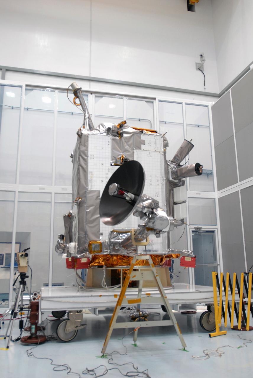 CAPE CANAVERAL, Fla. – At Astrotech Space Operations in Titusville, Fla., the range of motion is tested on the high-gain antenna for the Lunar Reconnaissance Orbiter.  The orbiter will carry seven instruments to provide scientists with detailed maps of the lunar surface and enhance our understanding of the moon's topography, lighting conditions, mineralogical composition and natural resources. Information gleaned from LRO will be used to select safe landing sites, determine locations for future lunar outposts and help mitigate radiation dangers to astronauts.  Launch of LRO is targeted no earlier than June 2.  Photo credit: NASA/Jim Grossmann