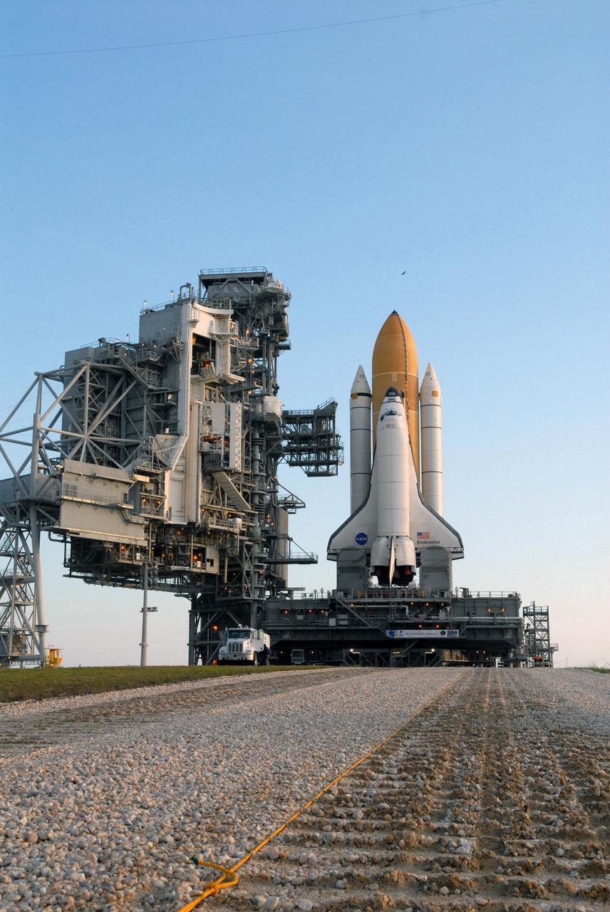 CAPE CANAVERAL, Fla. – Space shuttle Endeavour stands tall and proud on Launch Pad 39B at NASA's Kennedy Space Center in Florida. First motion of Endeavour's rollout from the Vehicle Assembly Building was at 11:57 p.m. EDT April 16. Endeavour will be prepared on the pad for liftoff in the unlikely event that a rescue mission is necessary following space shuttle Atlantis' launch on the STS-125 mission to service NASA's Hubble Space Telescope. After Atlantis is cleared to land, Endeavour will move to Launch Pad 39A for its upcoming STS-127 mission to the International Space Station, targeted to launch June 13. Photo credit: NASA/Jack Pfaller