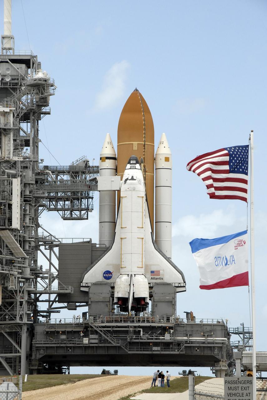 CAPE CANAVERAL, Fla. – On Launch Pad 39A at NASA's Kennedy Space Center in Florida, space shuttle Atlantis is in full view after rollback of the rotating service structure.  The rollback enables delivery and transfer of Atlantis' payload on April 18. After space shuttle Endeavour's rollout to Launch pad 39B at NASA's Kennedy Space Center in Florida this morning, two different shuttles now are poised on two different launch pads in full view.  Near the top of the  shuttle is the White Room at the end of the orbiter access arm, 147 feet above the pad. When in place against the shuttle, the White Room provides access into the crew compartment on the shuttle. With the space shuttle fleet set for retirement in 2010, this is expected to be the final time two shuttles will be on launch pads at the same time.  Endeavour will stand by at pad B in the unlikely event that a rescue mission is necessary during space shuttle Atlantis' upcoming mission. Atlantis is targeted to launch May 12. After Endeavour is cleared from its duty as a rescue spacecraft, it will be moved to Launch Pad 39A for its STS-127 mission to the International Space Station. That flight is targeted for launch June 13.    Photo credit: NASA/Kim Shiflett
