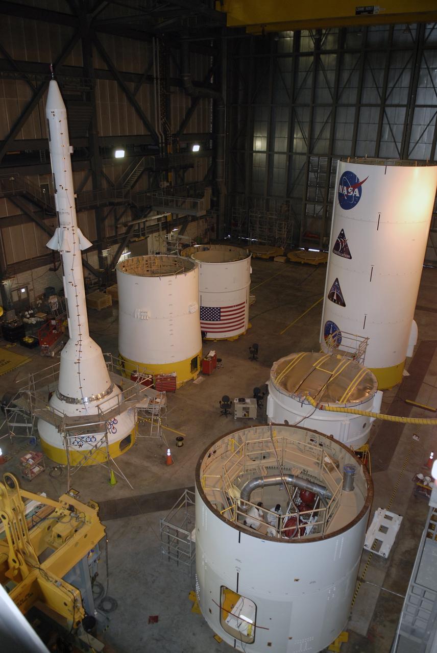 CAPE CANAVERAL, Fla. –– In the lower right, the roll control system can be seen installed inside the Ares I-X segment.  The work is being done in high bay 4 of the Vehicle Assembly Building at NASA's Kennedy Space Center in Florida. Ares I-X is the test vehicle for the Ares I, which is part of the Constellation Program to return men to the moon and beyond. Ares I-X is targeted for launch in July 2009.  Photo credit: NASA/Kim Shiflett