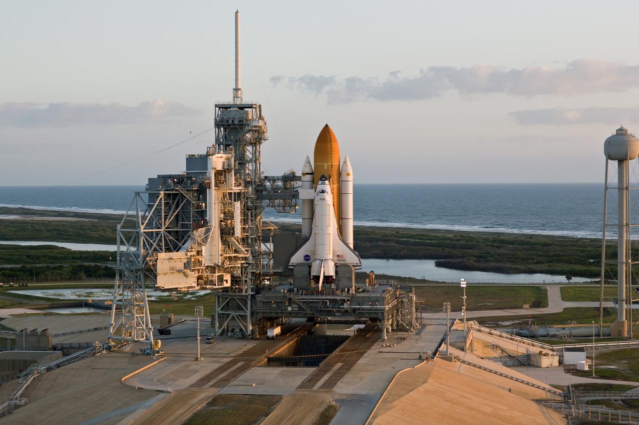 CAPE CANAVERAL, Fla. –– Space shuttle Endeavour (left) and space shuttle Atlantis are seen on Launch Pads 39B and 39A, respectively, at NASA's Kennedy Space Center. This is probably the final time two shuttles will be on launch pads at the same time with the space shuttle fleet set for retirement in 2010.Endeavour will be prepared on the pad for liftoff in the unlikely event that a rescue mission is necessary following space shuttle Atlantis' launch on the STS-125 mission to service NASA's Hubble Space Telescope. After Atlantis is cleared to land, Endeavour will move to Launch Pad 39A for its upcoming STS-127 mission to the International Space Station, targeted to launch June 13. Photo credit: NASA/Dimitri Gerondidakis