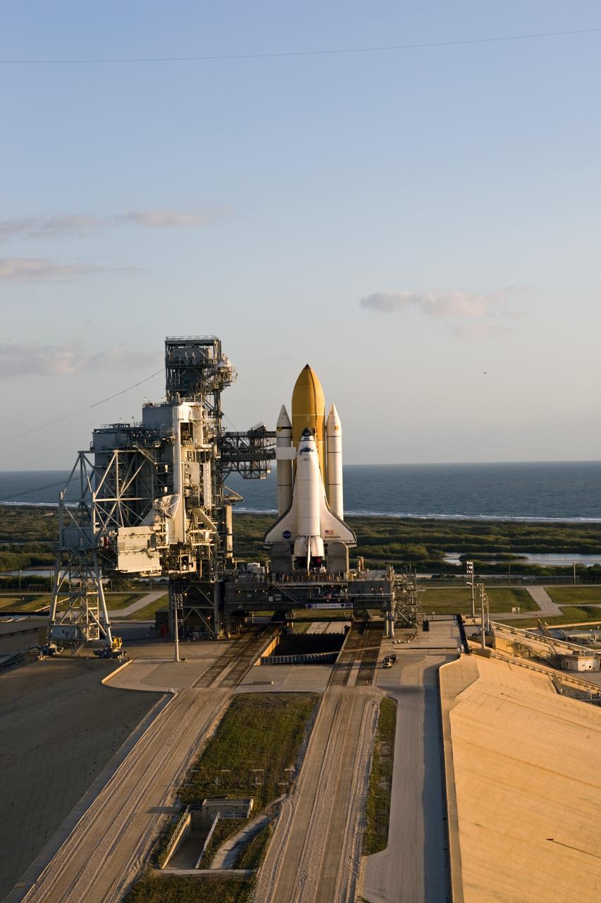 CAPE CANAVERAL, Fla. –– On Launch Pad 39B at NASA's Kennedy Space Center in Florida, space shuttle Endeavour has joined space shuttle Atlantis on Launch Pad 39A. In the background is the Atlantic Ocean. This is probably the final time two shuttles will be on launch pads at the same time with the space shuttle fleet set for retirement in 2010. Endeavour will be prepared on the pad for liftoff in the unlikely event that a rescue mission is necessary following space shuttle Atlantis' launch on the STS-125 mission to service NASA's Hubble Space Telescope. After Atlantis is cleared to land, Endeavour will move to Launch Pad 39A for its upcoming STS-127 mission to the International Space Station, targeted to launch June 13. Photo credit: NASA/Dimitri Gerondidakis
