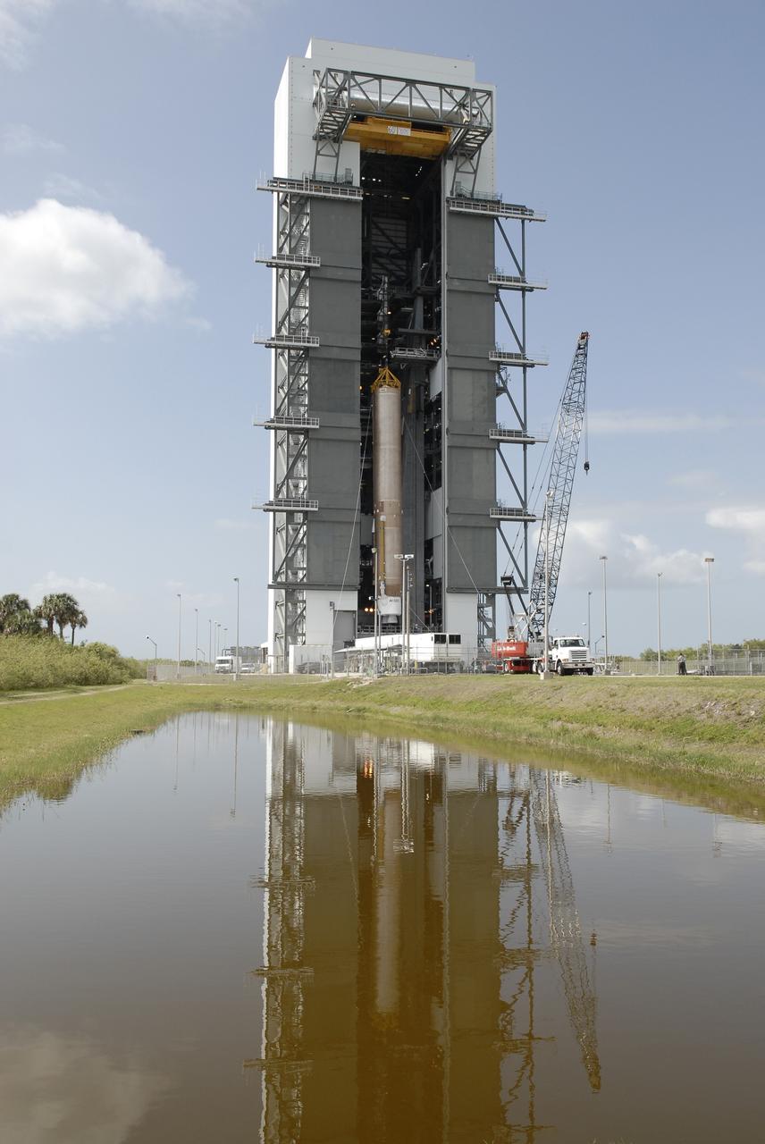 CAPE CANAVERAL, Fla. –– On Cape Canaveral Air Force Station's Launch Complex 41, the Atlas V first stage is being moved into the Vertical Integration Facility. The Atlas V/Centaur is the launch vehicle for the Lunar Reconnaissance Orbiter, or LRO. The orbiter will carry seven instruments to provide scientists with detailed maps of the lunar surface and enhance our understanding of the moon's topography, lighting conditions, mineralogical composition and natural resources. Information gleaned from LRO will be used to select safe landing sites, determine locations for future lunar outposts and help mitigate radiation dangers to astronauts. Launch of LRO is targeted no earlier than June 2.  Photo credit: NASA/Kim Shiflett